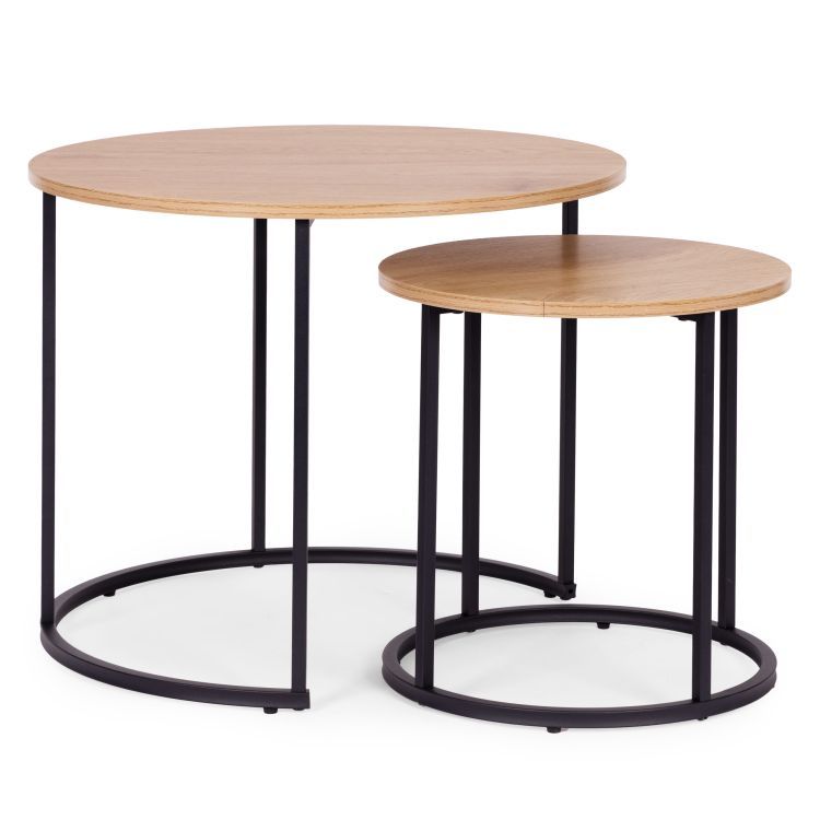 Set de 2 mese de cafea - mese rotunde cu decor din stejar