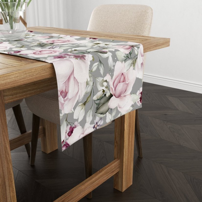 Asztali futó bazsarózsa nyomtatással szürke színben