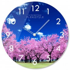 Стъклен кръгъл часовник с мотив цъфнало дърво, 30 см