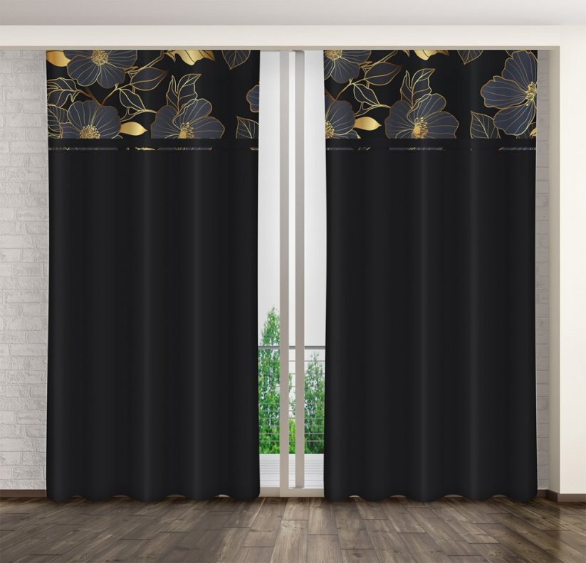Klasszikus fekete függöny arany virágokkal - Méret: Szélesség: 160 cm | Hossz: 250 cm