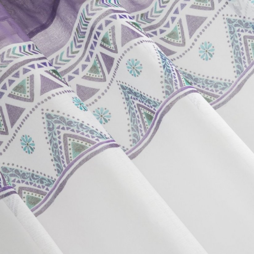 Draperie gata cusută pentru dormitor culoarea alb-violet, cu model de pene
