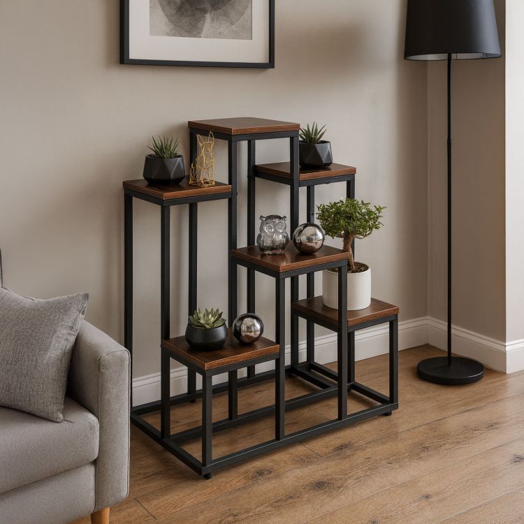 Loft Blumenständer - 6 Ablagen, schwarzer Stahl und Holzdekor