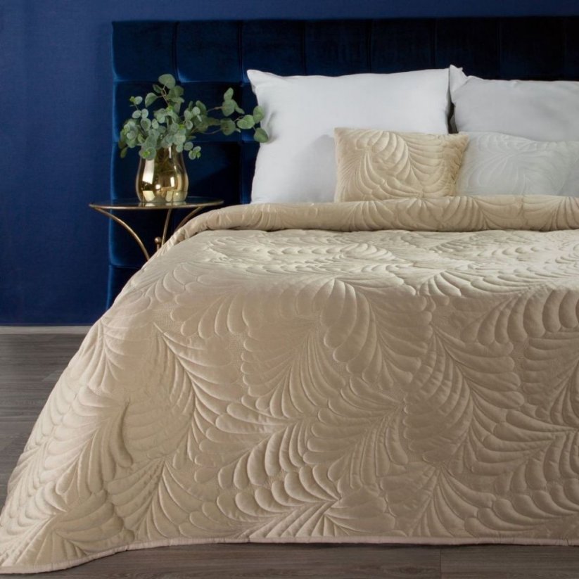 Cuvertură de pat luxoasă din catifea bej-aurie