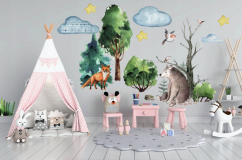 Dekoratives Wandtattoo für Kinder mit dem Motiv Wald und Tiere 100x200cm