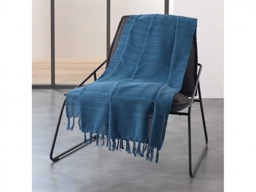 Modrá bavlnená deka so strapcami 180 x 220 cm