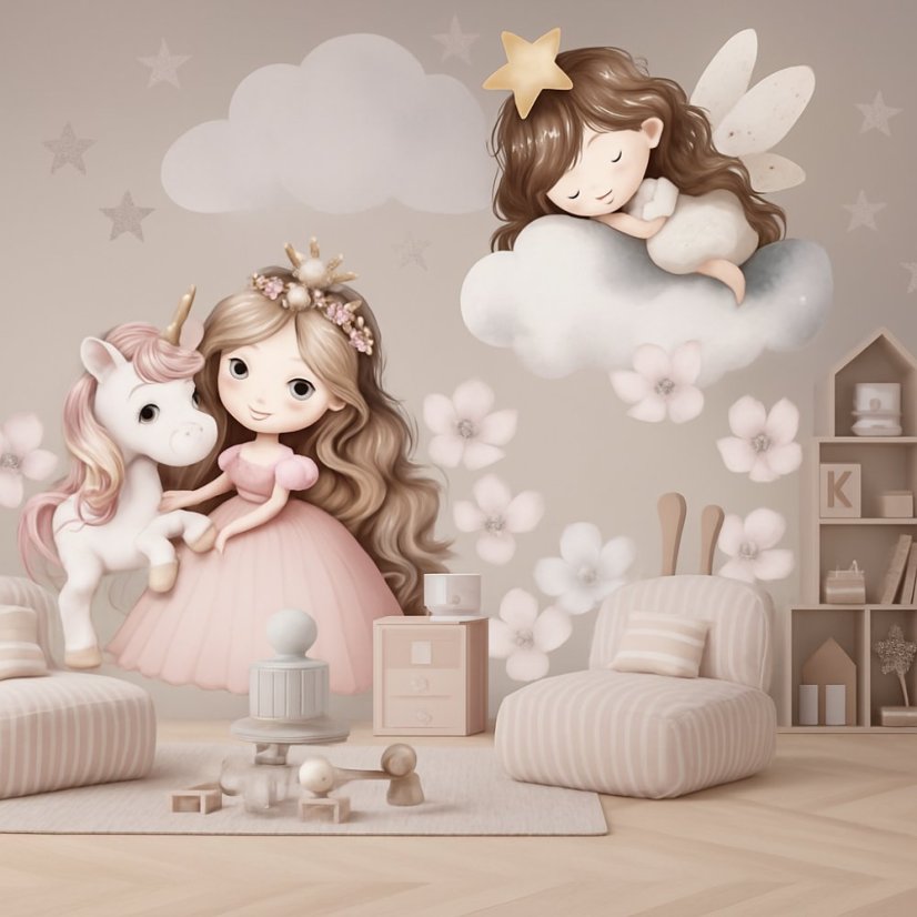 Samolepka na zeď do dětského pokoje, školky a jeslí - princezna a jednorožec