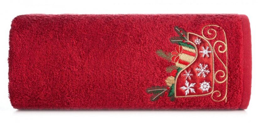 Bavlněný červený ručník s vánočními saněmi - Rozměr: Šířka: 70 cm | Délka: 140 cm