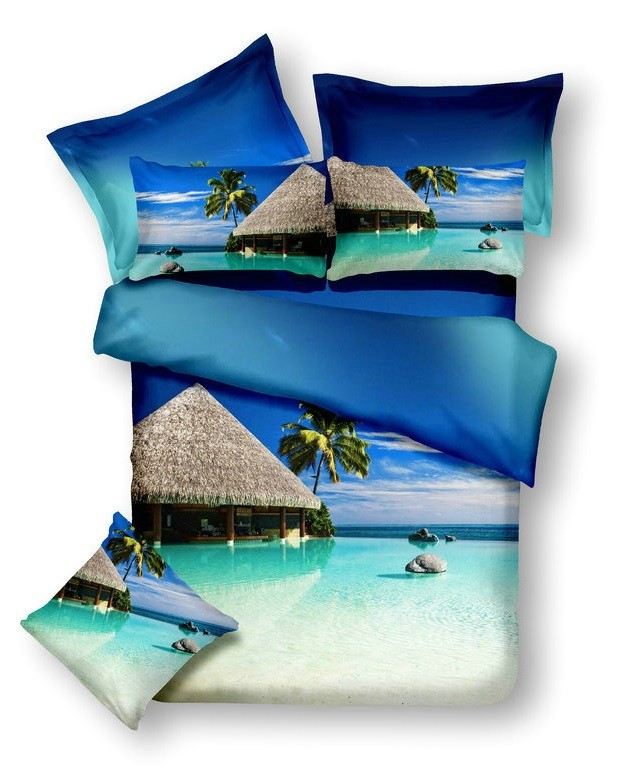 Moderné posteľné 3D obliečky v modrej farbe s exotickou plážou 