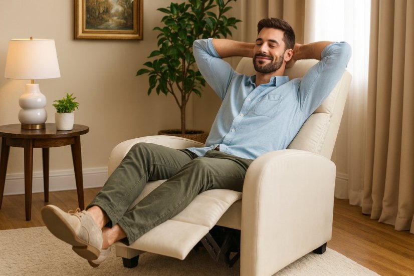 Bež žametni naslanjajoči fotelj