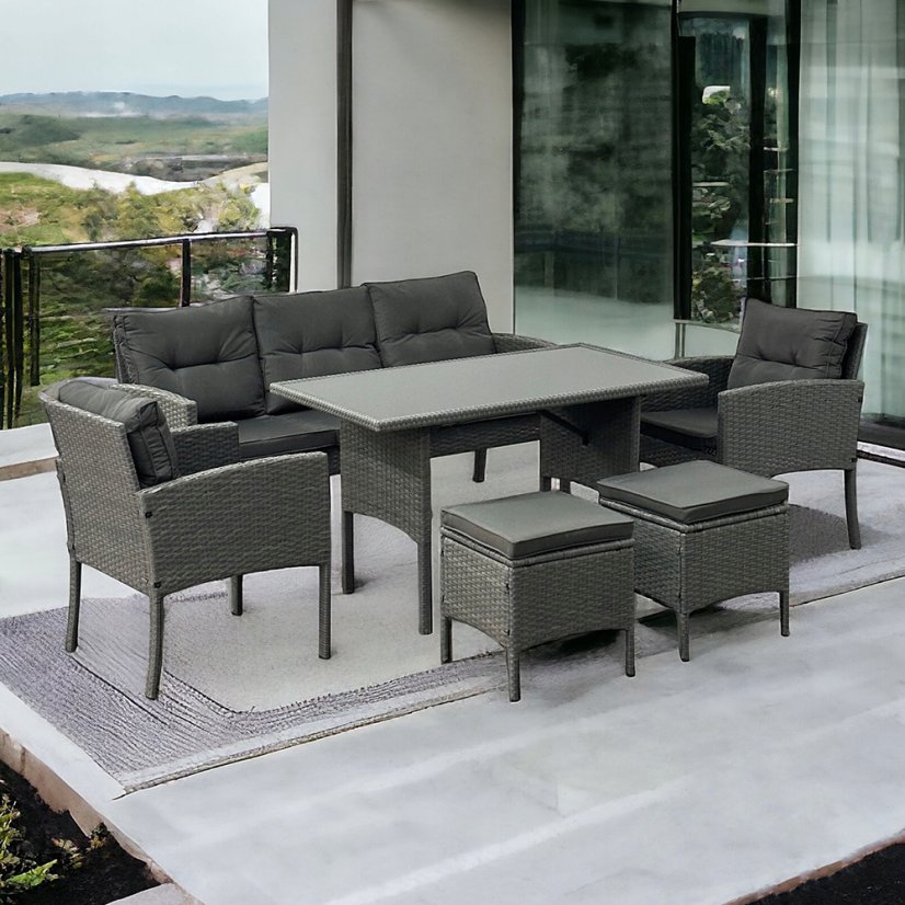 Sivá ratanová súprava - pohovka - kreslá a taburetky