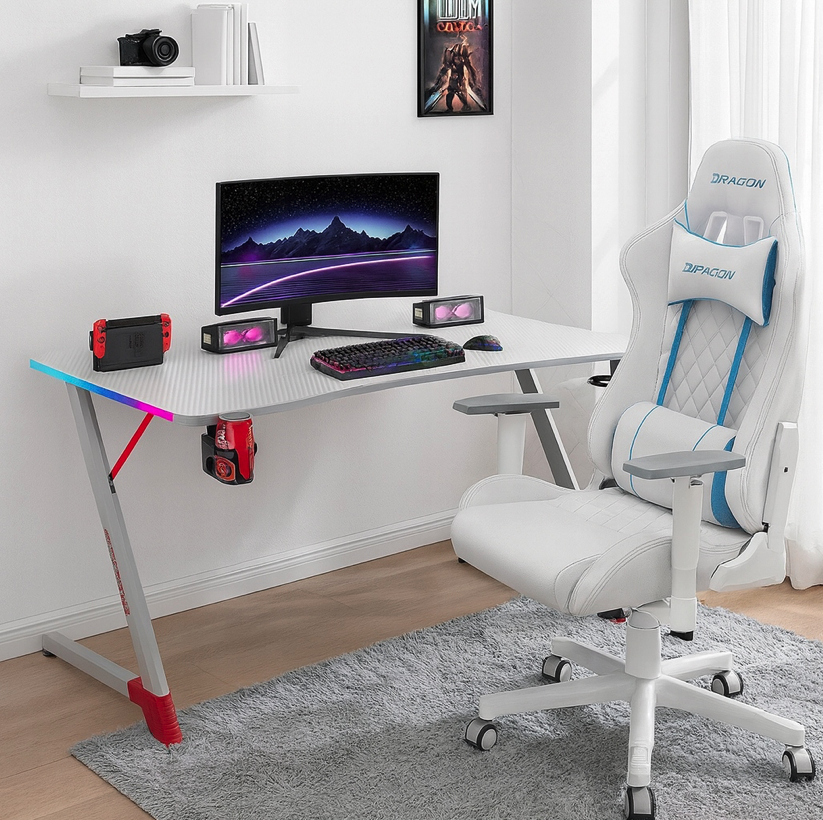 Biely herný PC stôl s RGB LED osvetlením