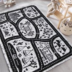 Čierno biely detský koberec s motívom mesta