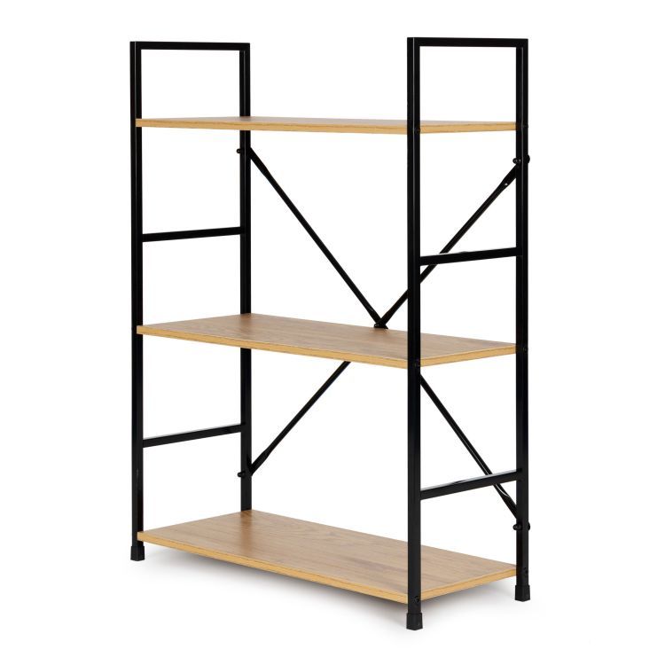 Drevený regál s kovovým rámom a s 3 policami