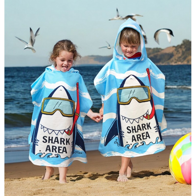 Poncho da spiaggia per bambini blu con squalo