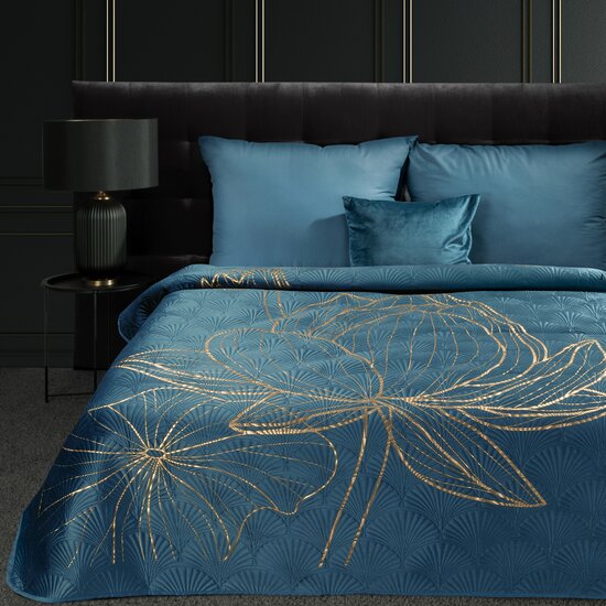 Designer Tagesdecke LOTOS blau mit Goldmotiv - Größe: Breite: 170 cm | Länge: 210 cm