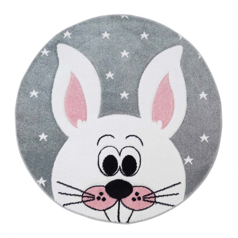 Tappeto per bambini rotondo grigio con coniglietto sorridente