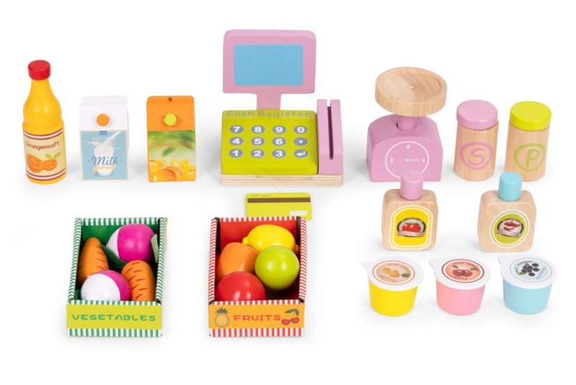 Hölzerne Kinderbude - Laden mit Gemüse und Obst