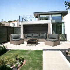 Béžové ratanové sedenie so slnečnou clonou - modulárne