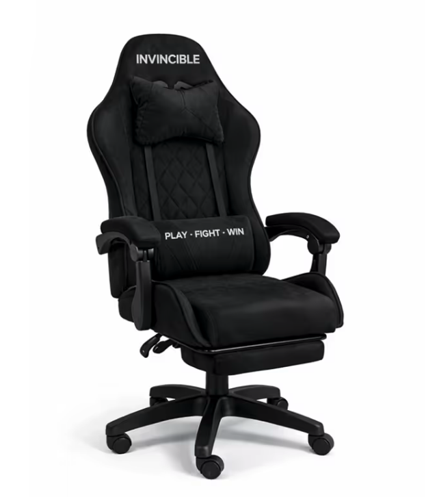 Scaun de gaming negru cu tapițerie din catifea și suport pentru picioare extensibil