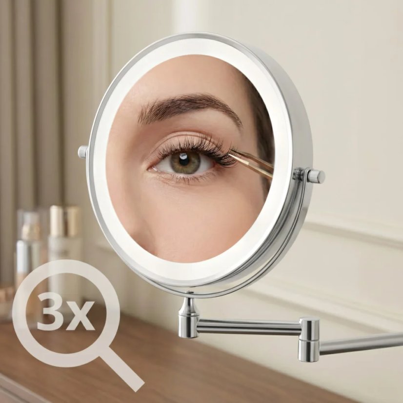 Oglindă de machiaj cu LED-uri, montată pe perete, cu braț extensibil