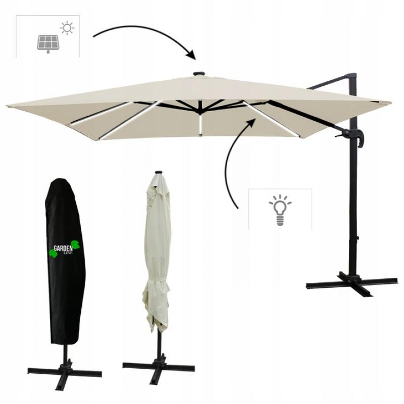 Бежов градински чадър с LED осветление 3 x 3 м