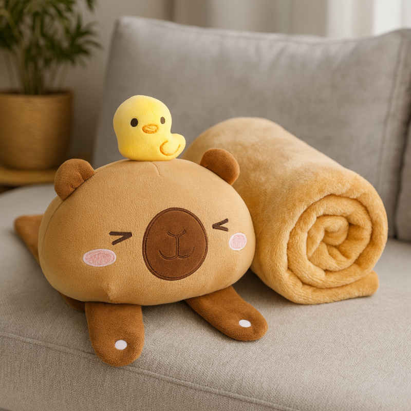 Morbidissima coperta di peluche con cuscino Kapibara - 100 x 170 cm