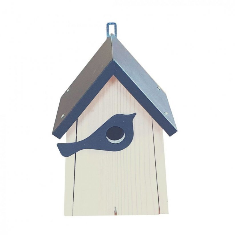 Drevená búdka pre vtáčiky na hniezdenie so sivou strechou
