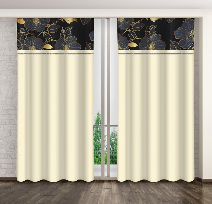 Klasične kremne zavese z zlatimi cvetovi