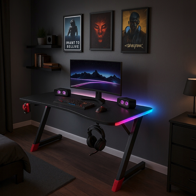 Čierny herný stôl, PC stôl s LED osvetlením RGB - Rozmer: Šírka: 140 cm