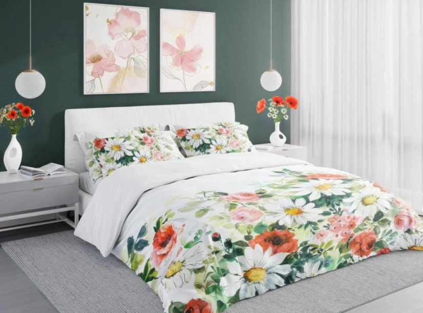 Obliečky s bavlneného saténu - margarétky a ruže na bielom podklade