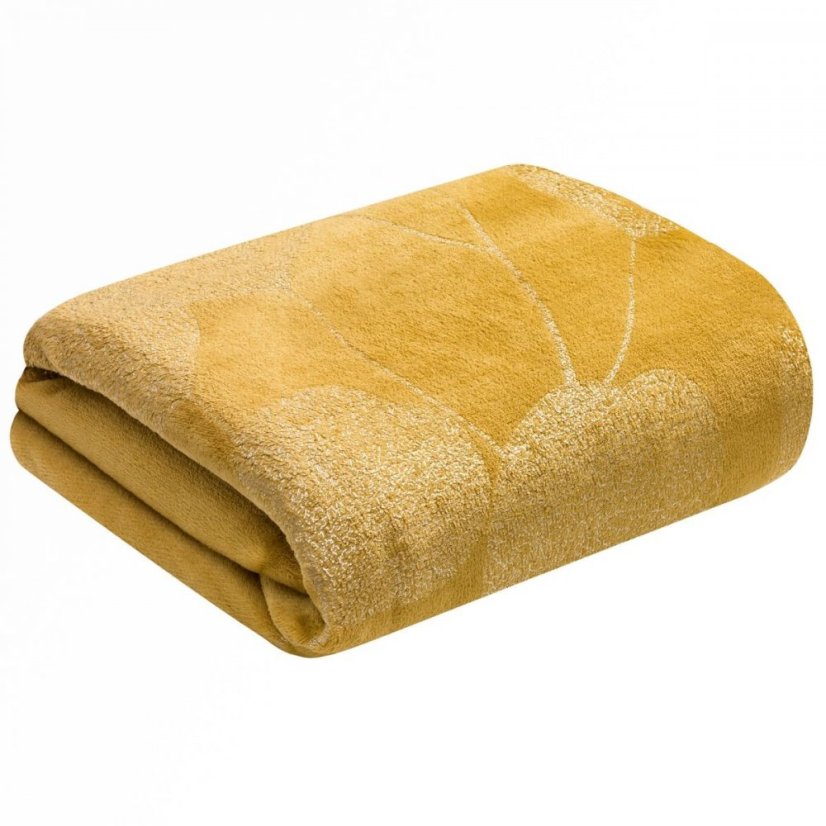 Medovo žltá teplá deka so zlatým vzorom lístia 150 x 200 cm 