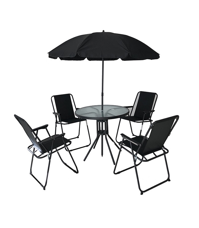 Set di mobili da giardino, tavolo, 4 sedie pieghevoli e ombrellone