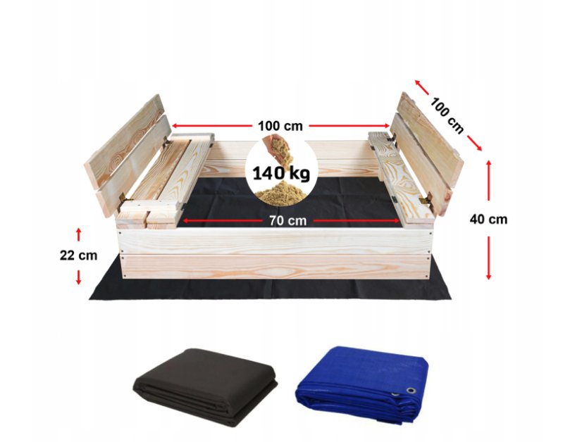 Uzatvárateľné drevené pieskovisko s lavičkami 100 x 100 cm