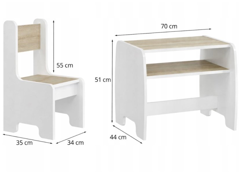 Dětský set stolu a 2 židlí s úložnou policí - sonoma + bílá