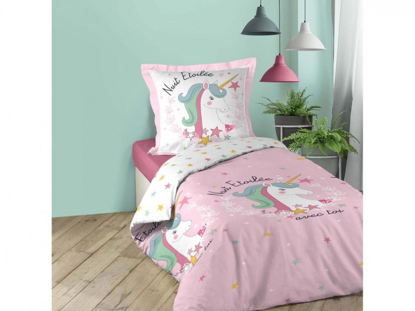 Ružové posteľné obliečky s motívom jednorožca pre deti