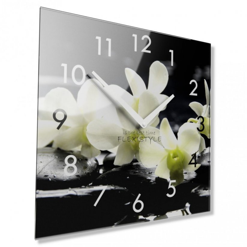 Dekoračné sklenené hodiny 30 cm s bielou orchideou