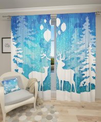 Blauer und weißer Vorhang mit Weihnachtsmotiv