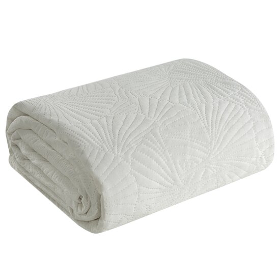 Бяла покривка за легло от фино кадифе с принт на листа от гинко