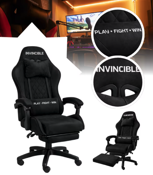 Scaun de gaming negru cu tapițerie din catifea și suport pentru picioare extensibil