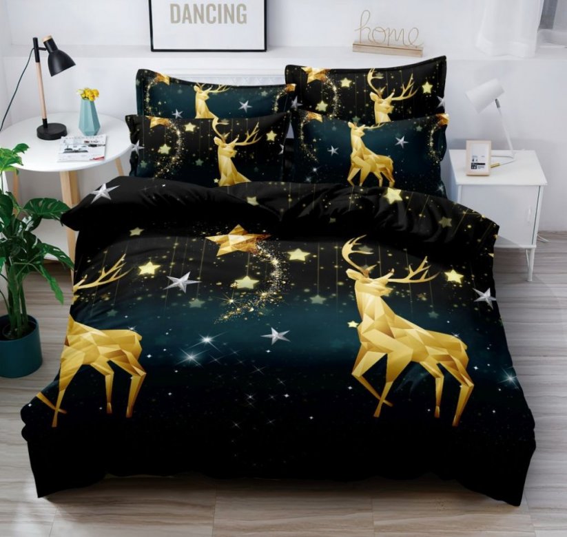 Čierne vianočné posteľné obliečky s motívom zlatých sobov