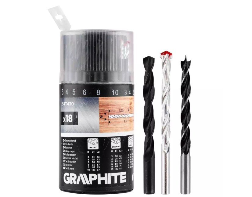 Универсален комплект свредла GRAPHITE 54T430 - 18 бр. за метал, дърво и тухла