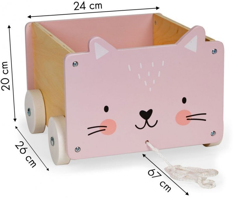 Cutie de depozitare pisicuță roz din lemn pe sfoară cu roți