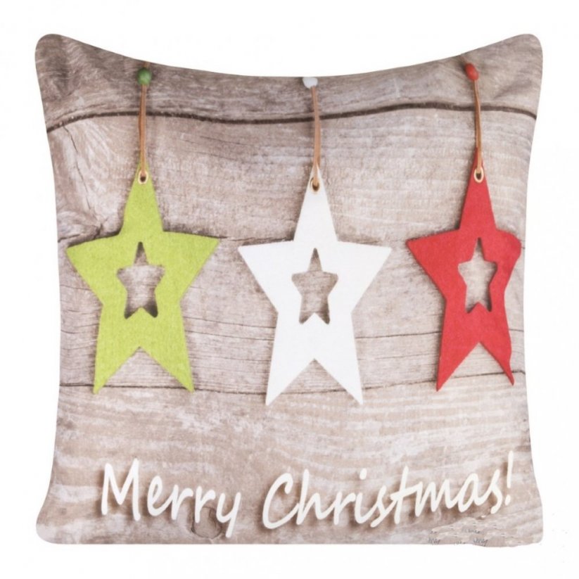Hnedá dekoratívna vianočná obliečka na vankúš s hviezdami a nápisom