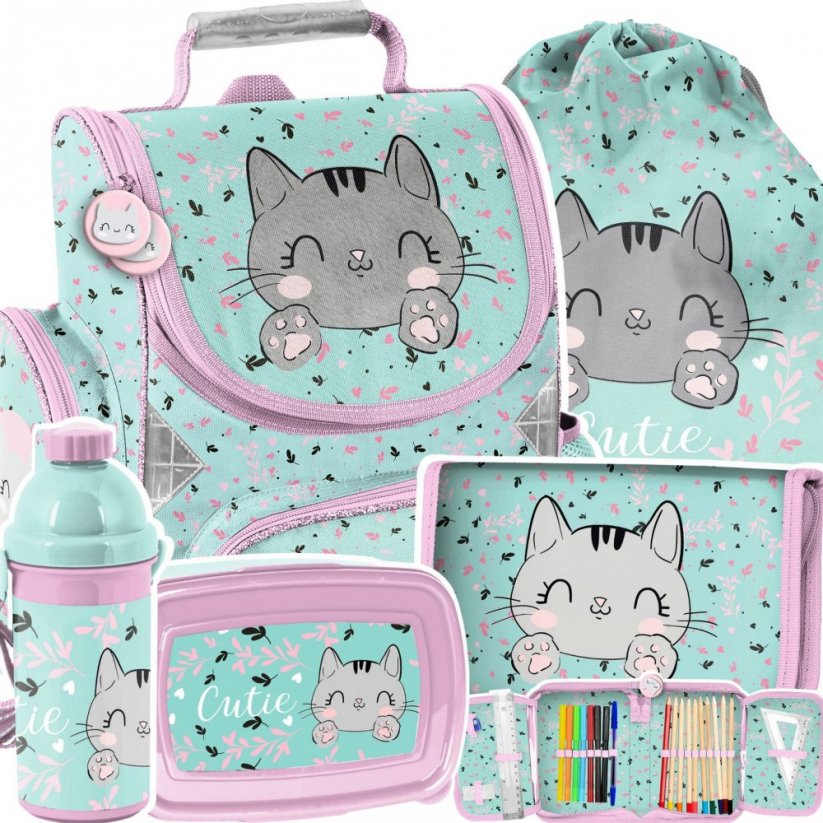Praktická školní taška s roztomilým koťátkem v pětidílné sadě