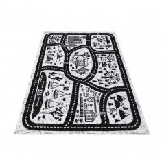 Čierno biely detský koberec s motívom mesta