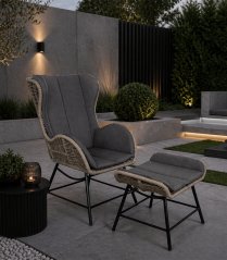 Zahradní křeslo s podnožkou – sada z technoratanu s polštáři na terasu a balkon