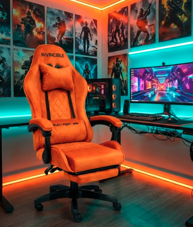 Oranžová herní židle se sametovým čalouněním a výsuvnou opěrkou nohou