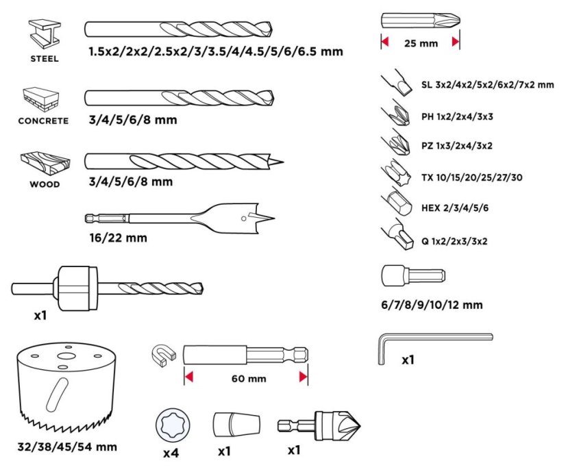 Set universal de burghie, biți și extensii 56H621 GRAPHITE - 90 bucăți