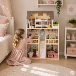 LAURA, casă de păpuși din lemn cu trei etaje, prevăzută cu mobilier