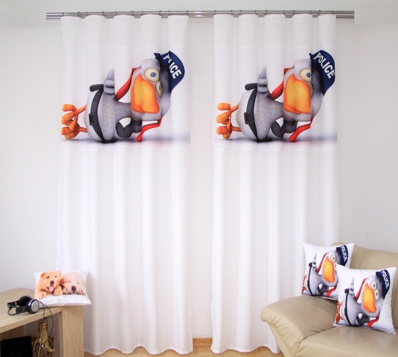 Bela zavesa za otroško sobo s sivo policijsko ptico - Velikost: Širina: 160 cm | Dolžina: 250 cm (v kompletu sta 2 kosa)